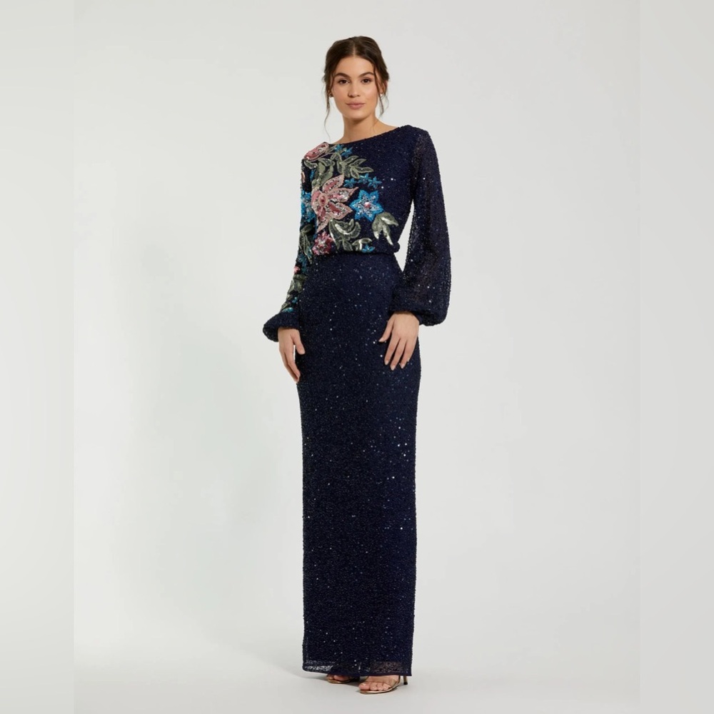 Mac Duggal Navy Floral Embellished Maxi Dress